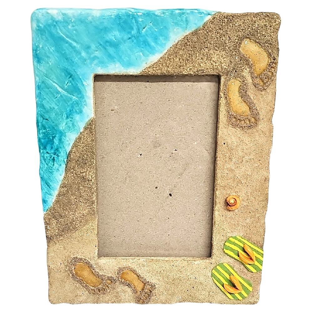 Beach Theme Sand and Sea Flip Flops Coastal Sandart and Blue Sea Picture Frame